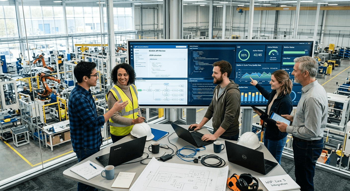 Developers and plant engineers around a large screen reviewing a SCADA API JSON structure next to live OEE and station status charts, overlooking the production floor