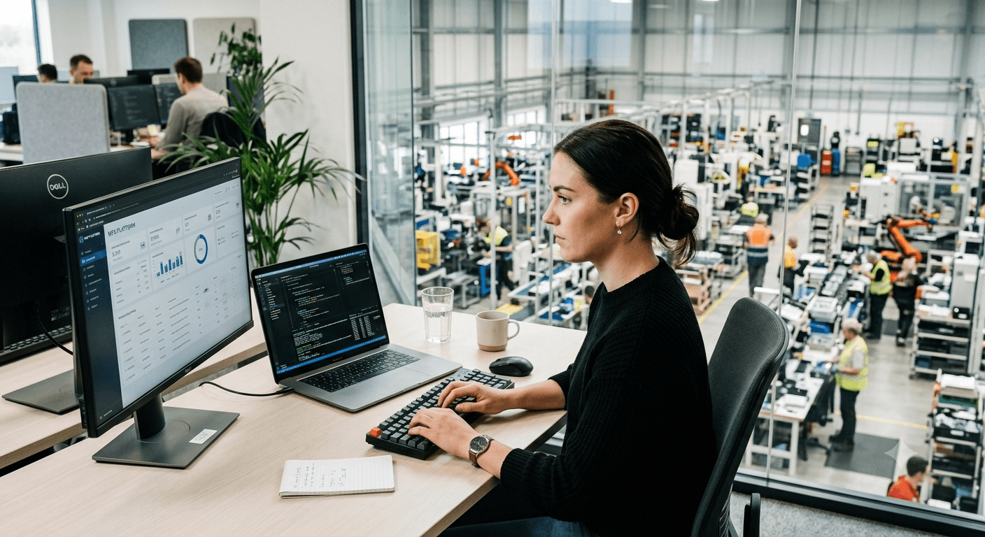Developer at a desk with an MES platform dashboard on one screen and code in an editor on a laptop, looking out over the assembly floor through a glass wall