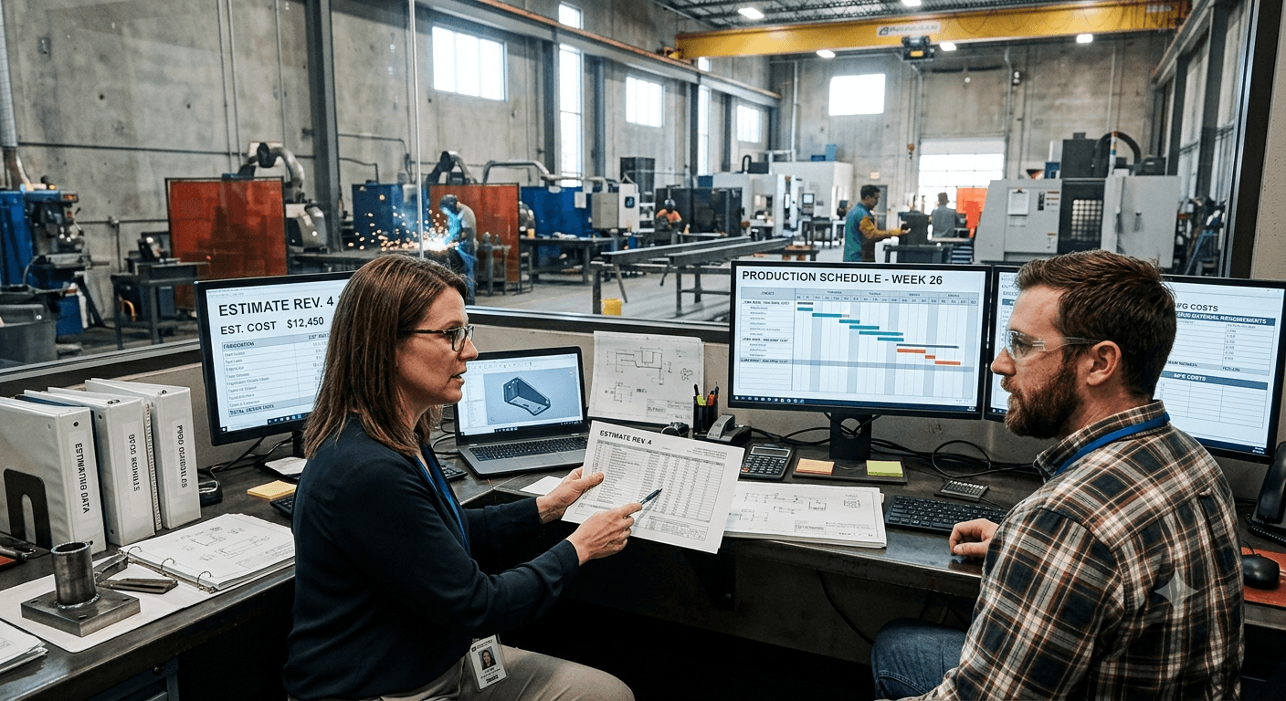 Estimator and planner comparing a printed cost estimate against monitors showing an estimate breakdown and a weekly production schedule