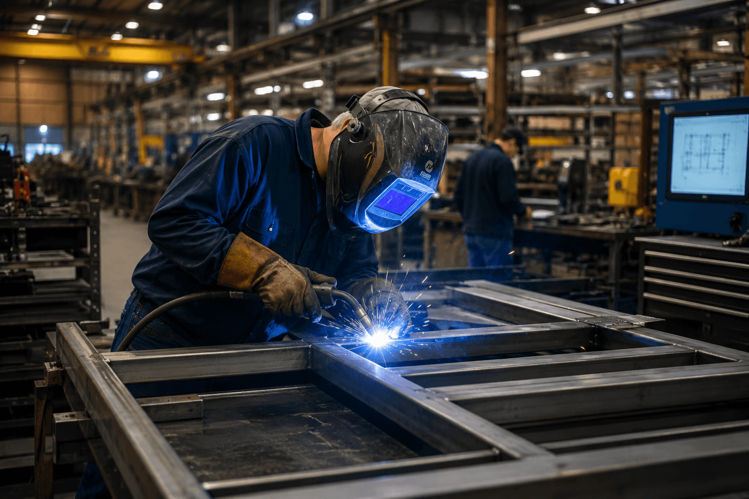 Welder in a helmet MIG welding a steel frame assembly on the shop floor