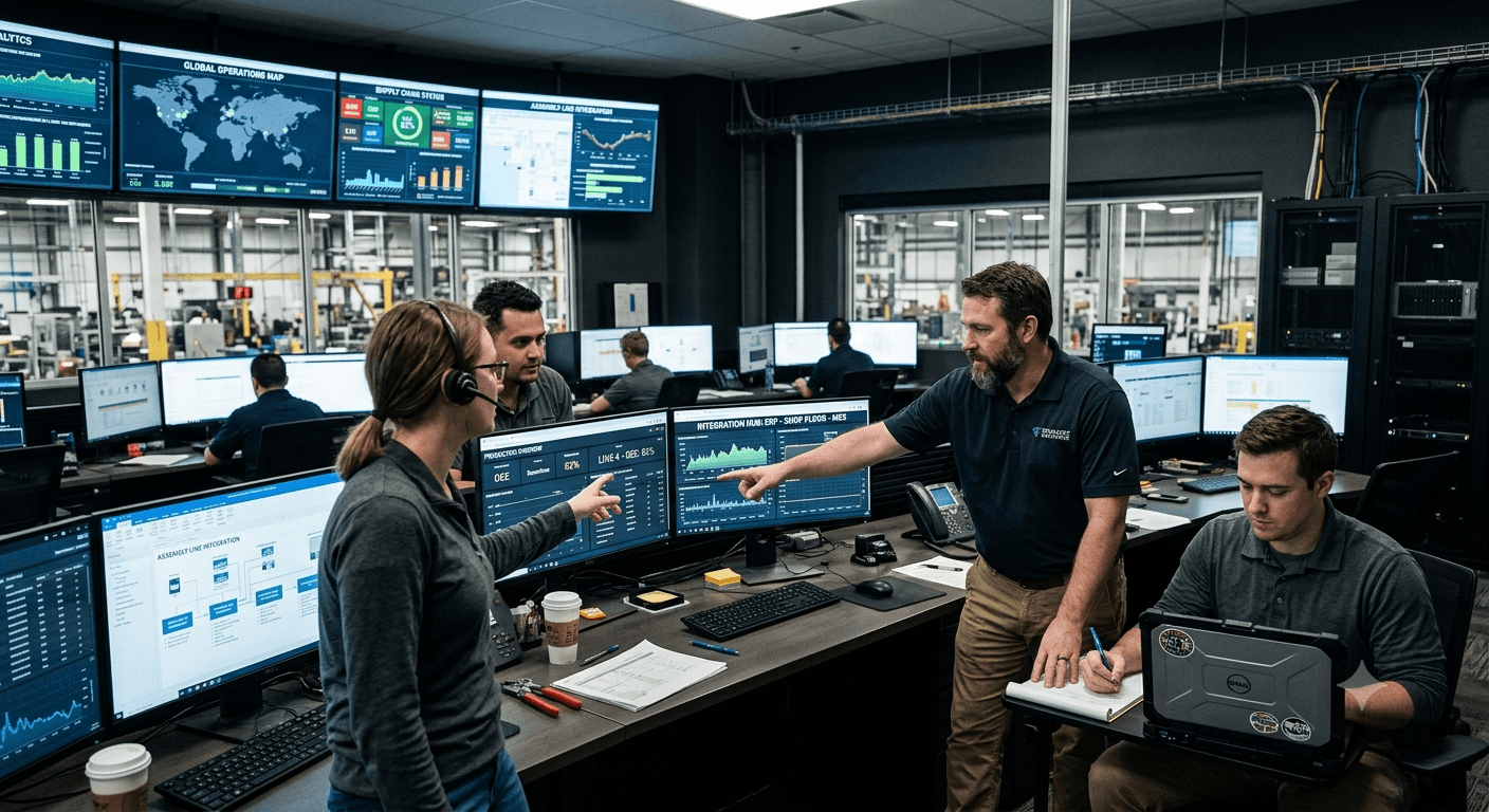 Integration team in a plant control room discussing an ERP to shop floor to MES integration dashboard